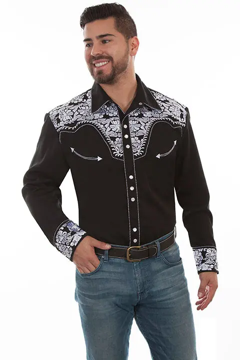 Men's Scully Black & White Floral Tooled Embroidered Shirt - P634 Blw 1