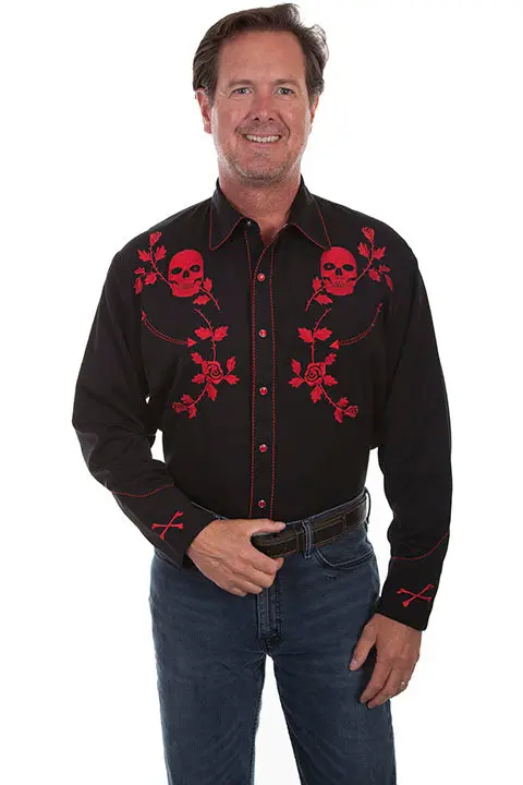 Men's Scully Crimson Skulls And Roses Western Shirt - P771 Red 1