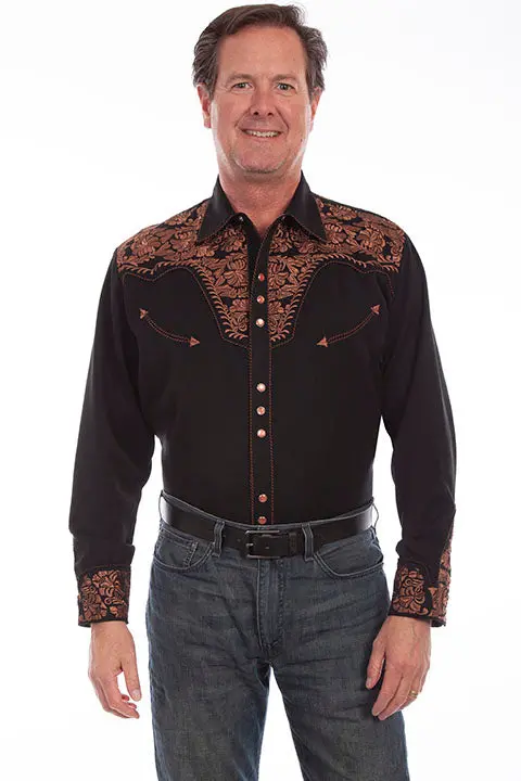 Men's Scully Floral Tooled Embroidered Long Sleeve Snap Shirt - P634 Blk 1