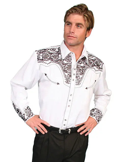 Men's Scully Pewter Floral Tooled Embroidered Shirt - P-634 Pew 1