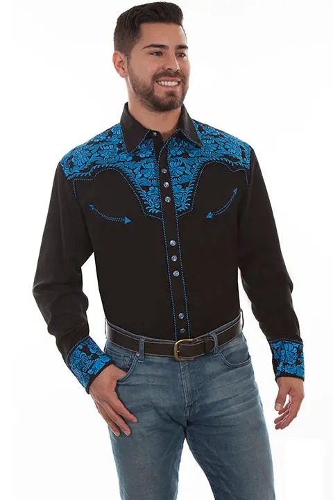 Men's Scully Royal Blue Embroidered Gunfighter Long Sleeve Western Shirt- P634 Roy 1