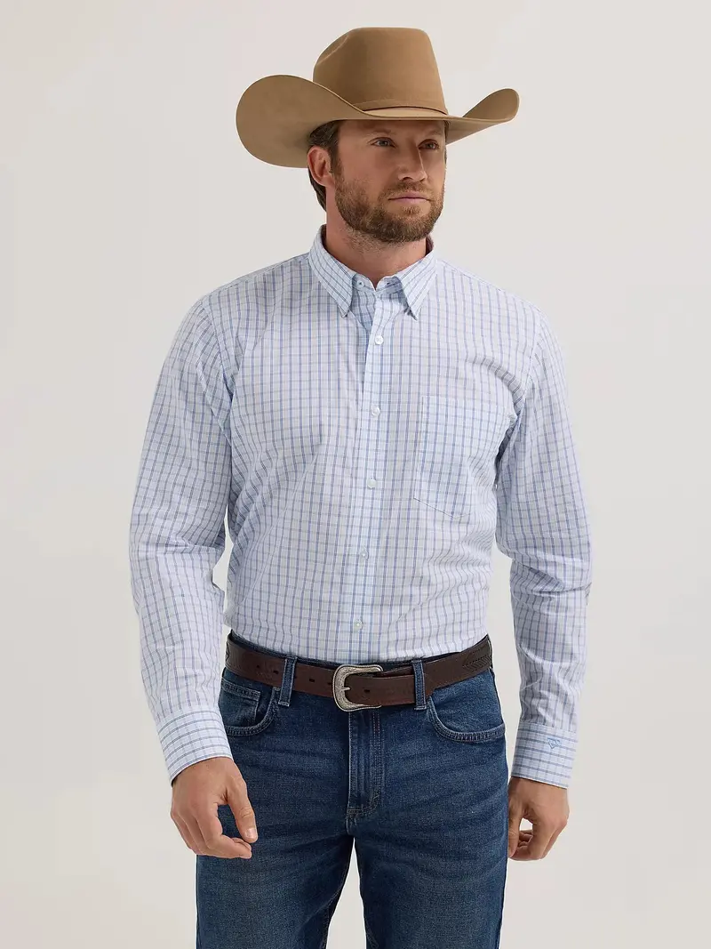 Men's Wrangler Cody Johnson One Pocket Button Down Shirt In Blue Windowpane - 112357671 1