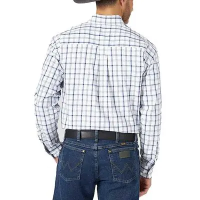 Men's Wrangler George Straight Blue And Grey Plaid Button Down Long Sleeve Shirt - Mgsn951 1