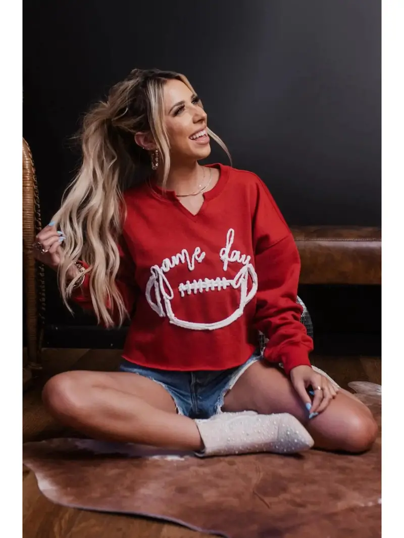 Merigold Kiss Game Day Rope Embroidery Crop Sweatshirt - Mk548 1