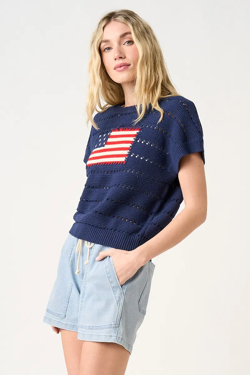 Mitto Shop American Flag Patch Short Sleeve Knit Sweater Top - G20876 1