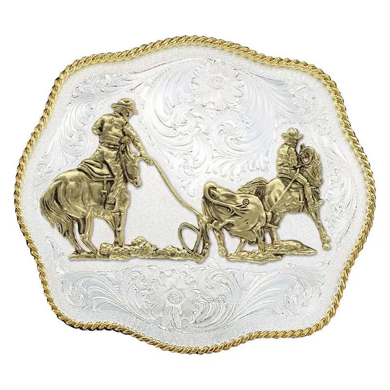 Montana Silversmiths Scalloped Western Belt Buckle With Team Ropers - 1930 1