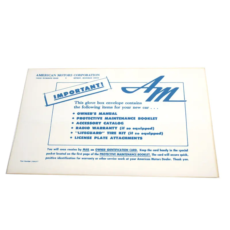 New Car Owners Manual Envelope, 1970-73 Amc 1