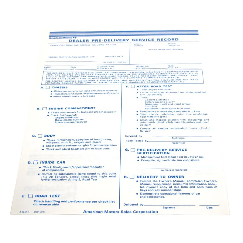 New Car Pre-Delivery Sheet, 1973-74 Amc 1