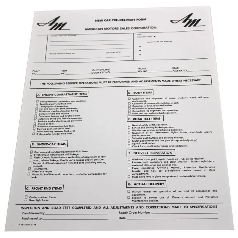 New Car Pre-Delivery Sheet, F-1942, 1965-68 Amc 1