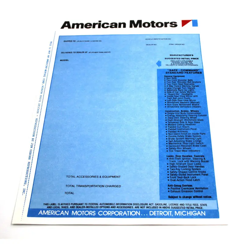 New Car Window Sticker, 1970 Amc 1