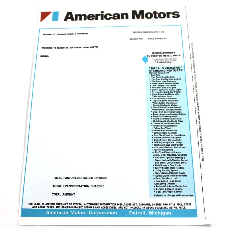 New Car Window Sticker, 1972 Amc 1