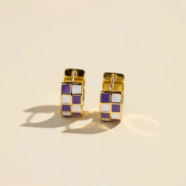Nickel & Suede Purple & White Checkered Enamel Huggies 1