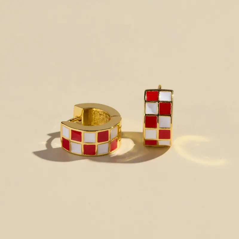 Nickel & Suede Red & White Checkered Enamel Huggies 1