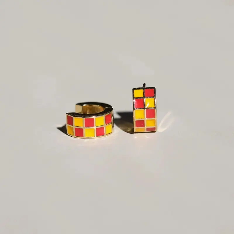 Nickel & Suede Red & Yellow Checkered Enamel Huggies 1