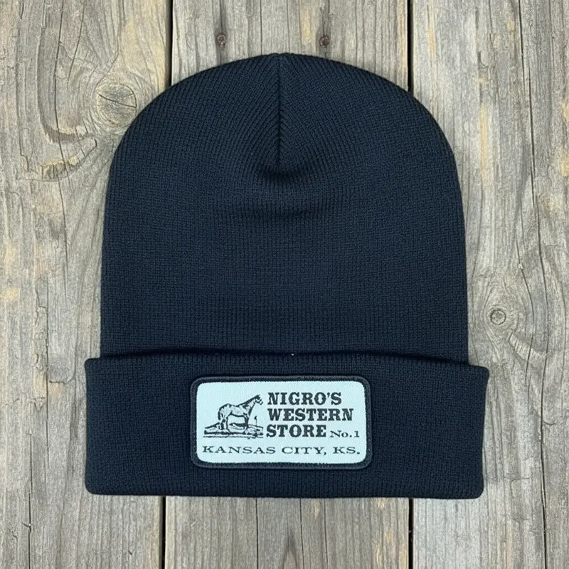Nigro's Logo Woven Patch Solid Black Beanie 1