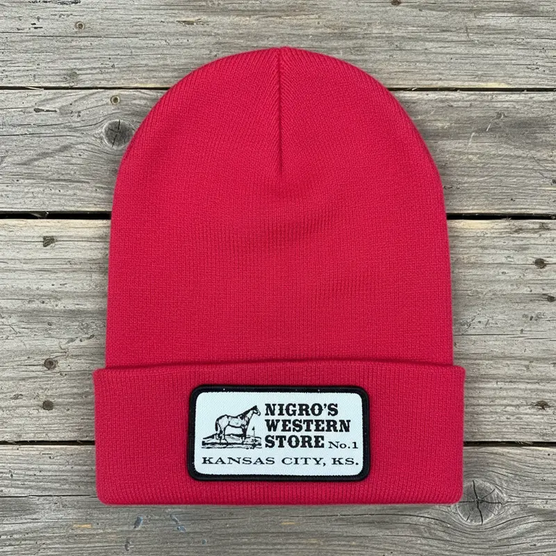 Nigro's Logo Woven Patch Solid Red Beanie 1