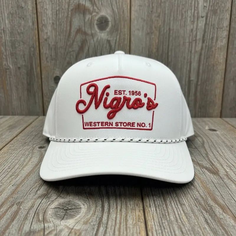 Nigro's Richardson 355 "Nigro's" Red Embroidery Solid White Cap White Rope - Nbc 13 1