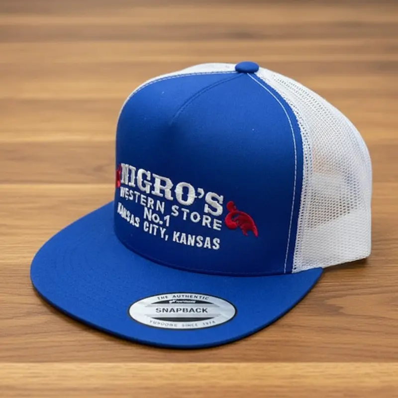 Nigro's Yupoong Classic Trucker 5 Panel Blue/White Red Scrolls - Nbc 38 1
