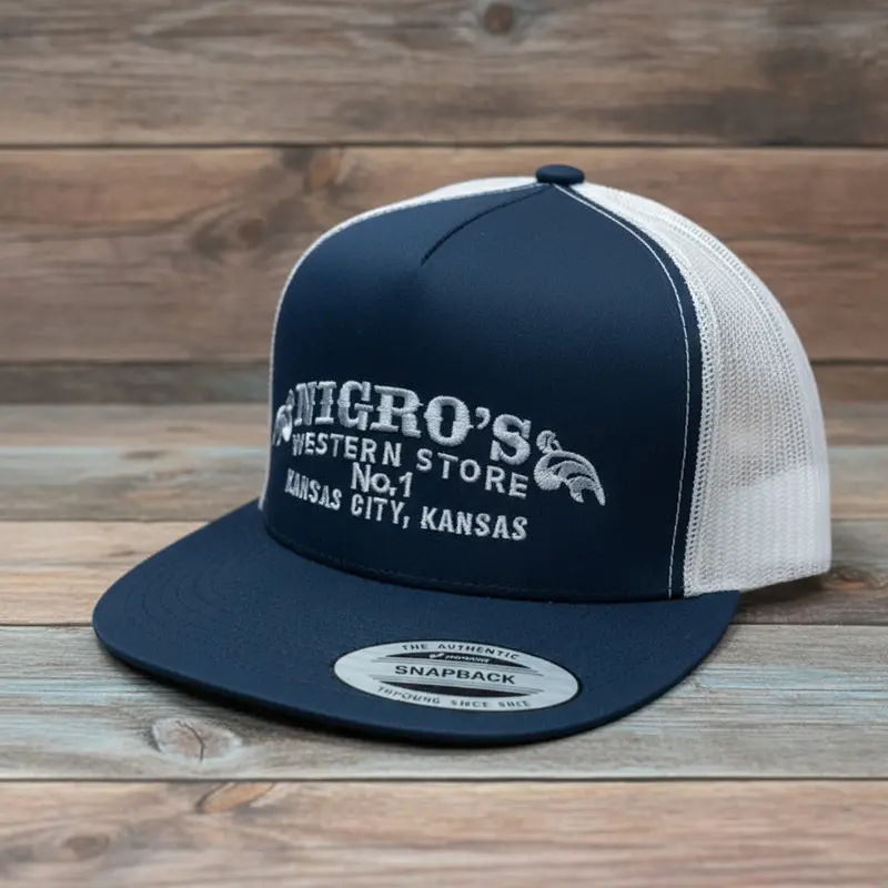 Nigro's Yupoong Classic Trucker 5 Panel Navy/White Light Blue Scrolls - Nbc 40 1