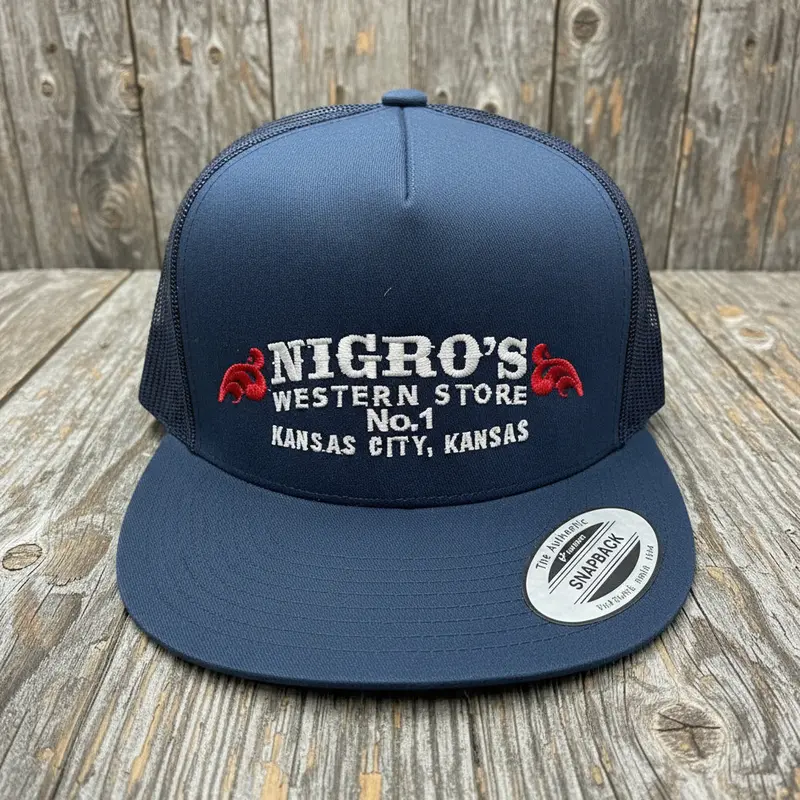 Nigro's Yupoong Classic Trucker 5 Panel Solid Navy/White Red Scrolls - Nbc 41 1