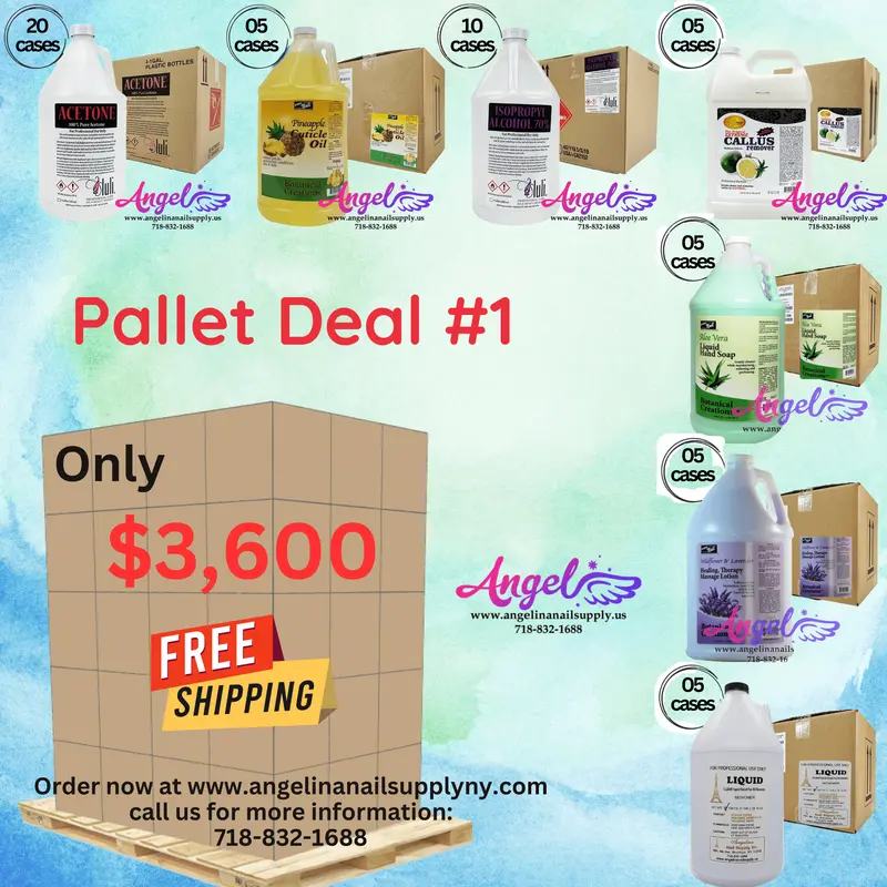 Pallet Deal #1 Angel Mix Products: Acetone, Alcohol, Cuticle Oil, Liquid Monomer, Callus Remover, Hand Soap, Lavender Lotion Aloe Vera Lotion 1