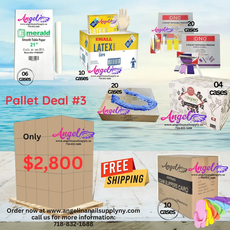 Pallet Deal #3 Angel Mix Products:  Foam Slipper, Pedicure Kit, Cotton, Gloves, Liner Blue, Table Paper 1
