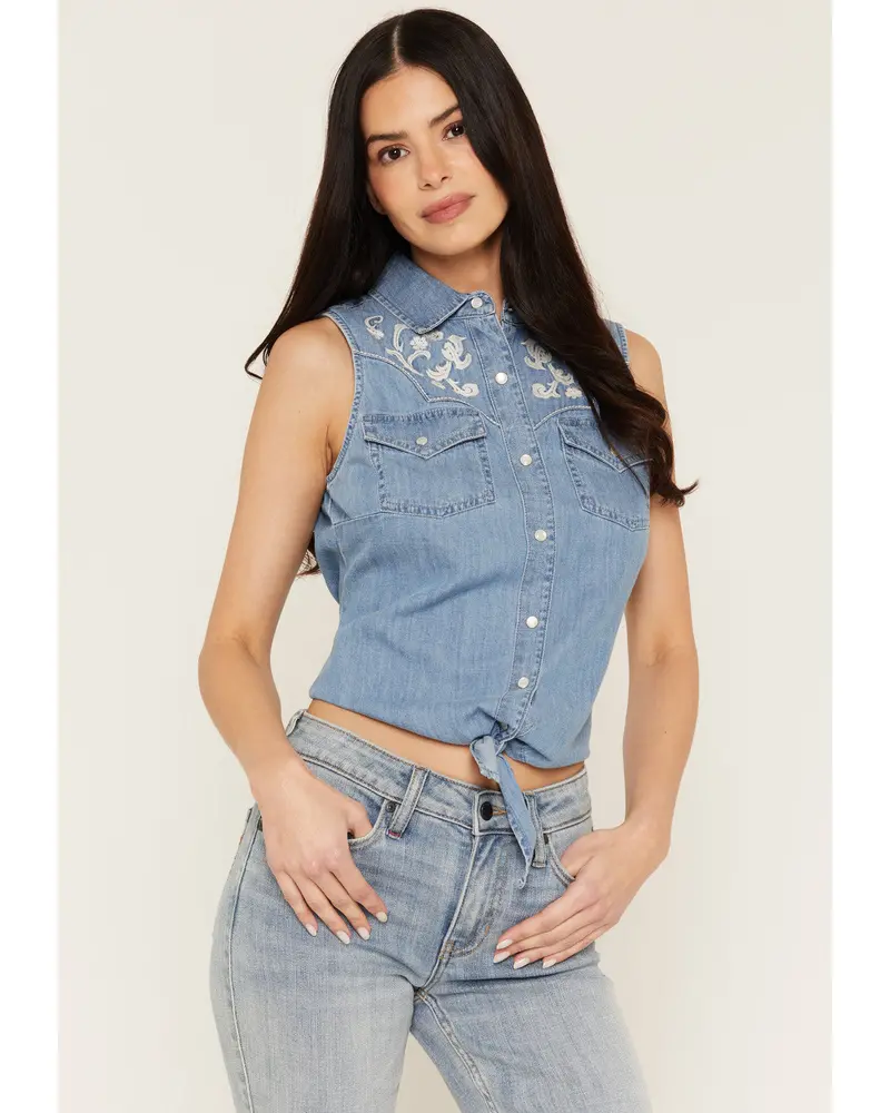 Pearl Embroidered Tie-Front Sleeveless Pearl Snap Western Shirt 1