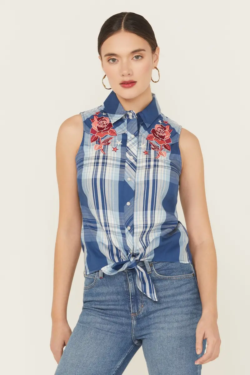 Plaid Print Embroidered Front Sleeveless Snap Western Shirt 1