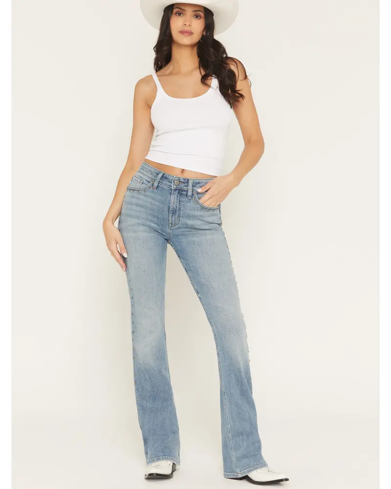Popla Medium Wash Legend High Rise Studded Bootcut Stretch Denim Jeans 2