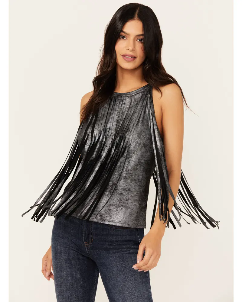 Prescott Foiled Faux Suede Fringe Tank 1