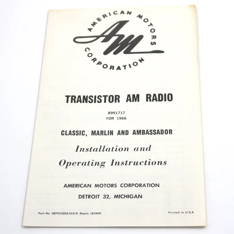 Radio Owners Manual, 1966 Amc Ambassador, Classic, Marlin 1