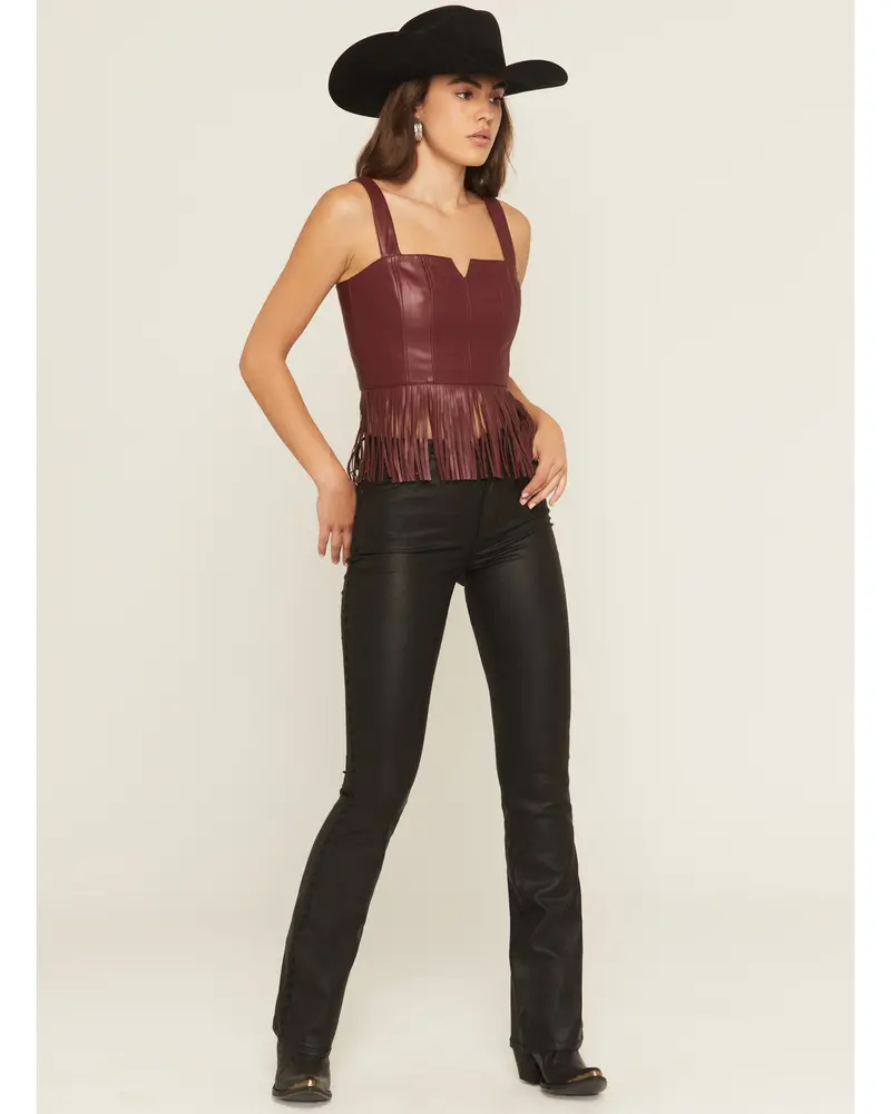 Roycroft Faux Leather Fringe Bustier Top 1