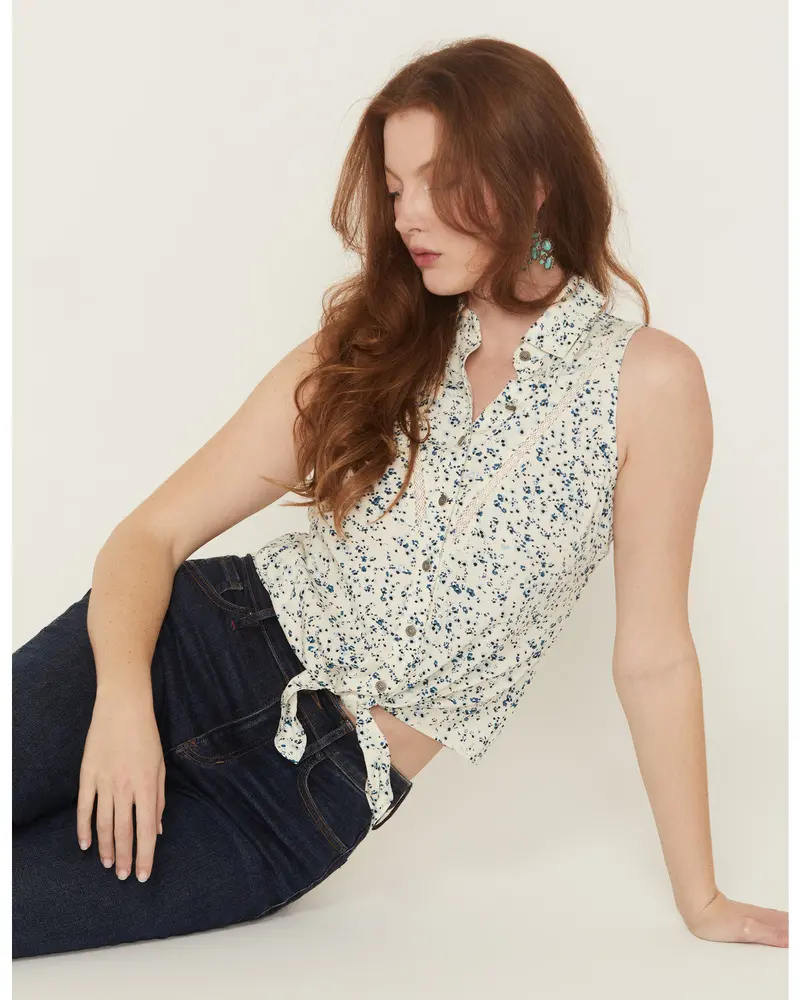 Saffron Floral Print Sleeveless Button-Down Western Shirt 1