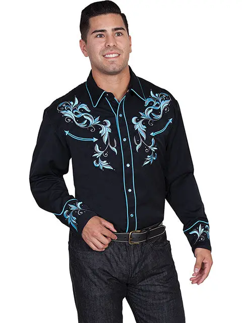Scully Men's Blue Embroidered Long Sleeve Western Shirt - P844 Blk 1