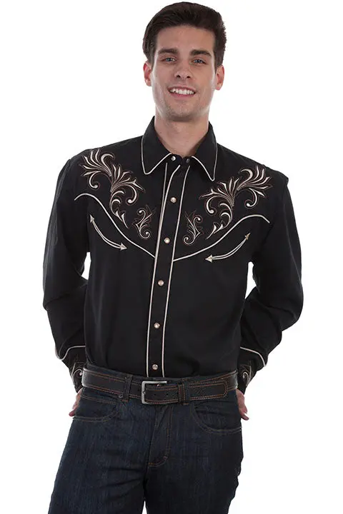 Scully Mens Floral Scrolls Embroidered Western Shirt Black - P870 1