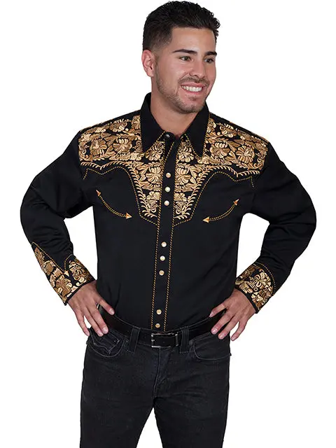 Scully Men's Gold Embroidered Gunfighter Long Sleeve Western Shirt- P634 Gld 1