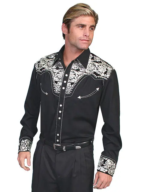 Scully Men’s Silver-Embroidered Gunfighter Long Sleeve Western Shirt – Style P634 SIL
