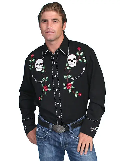Scully Men's Skulls And Roses Western Shirt - P771 Blk 1