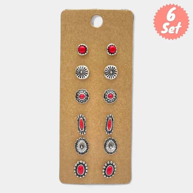 Set Of 6 Western Metal Concho Red Stone Post Earrings - F 1