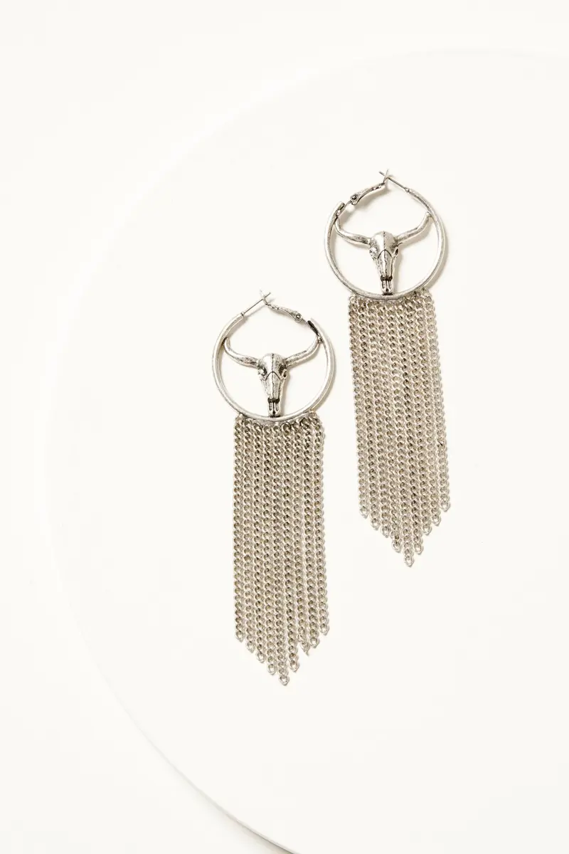 Shelby Steer Head Fringe Hoop Earrings 1