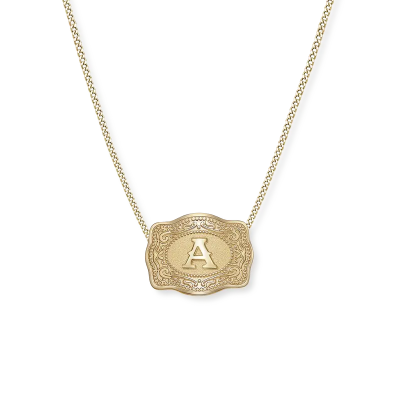 Spurwest Trading Co. Original Embossed Gold Initial Mini Belt Buckle Curb Chain Necklace 1