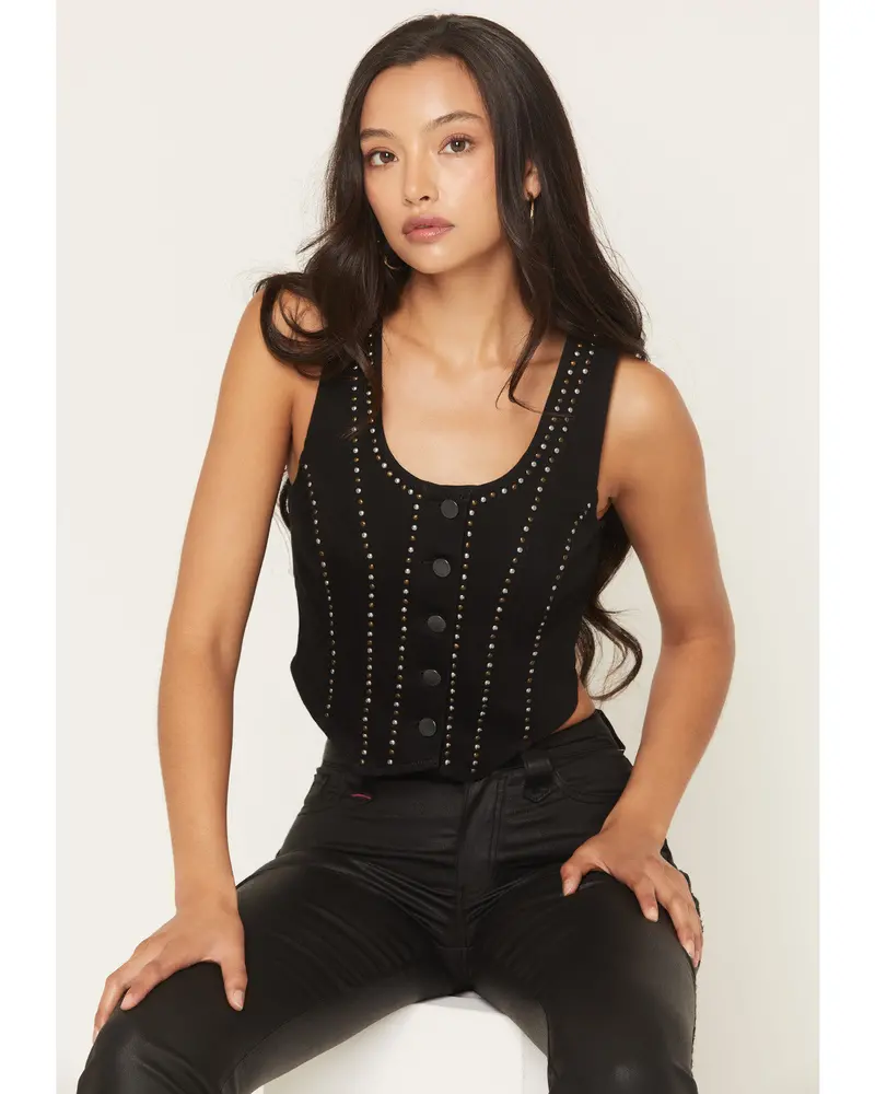 Studded Button-Down Black Denim Vest 1