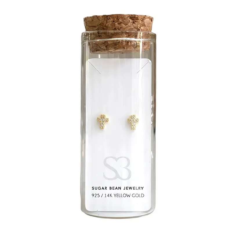 Sugar Bean Jewelry Mini Cross Studs - Yellow Gold 1