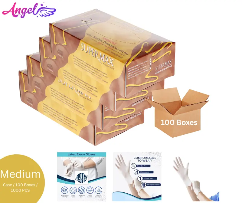 Super Max Latex Gloves Powder Free (Medium - Case/10 Boxes) 1