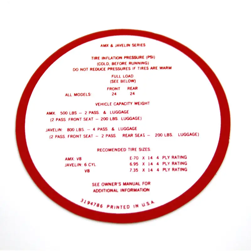 Tire Pressure Decal, 1968-1970 Amx, Javelin 1