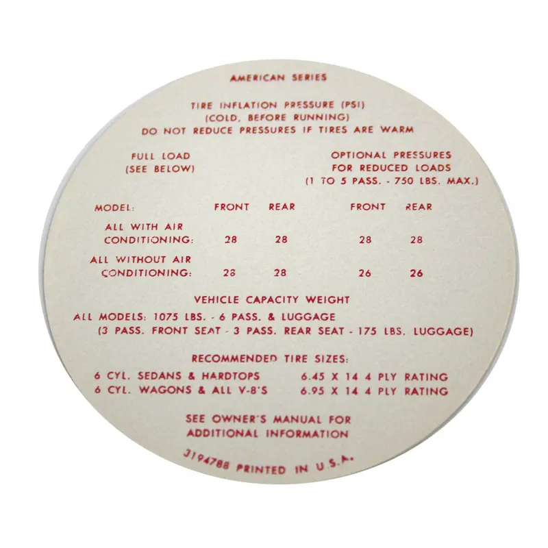 Tire Pressure Decal, 1968 Rambler American 1