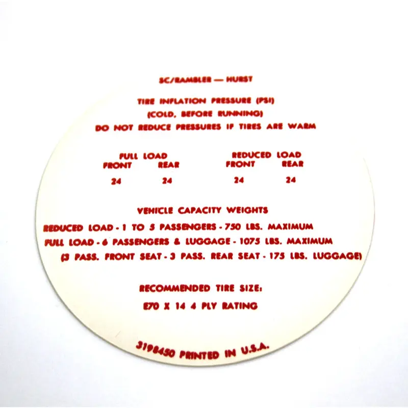 Tire Pressure Decal, 1969 Amc Hurst S/C Rambler Scrambler 1