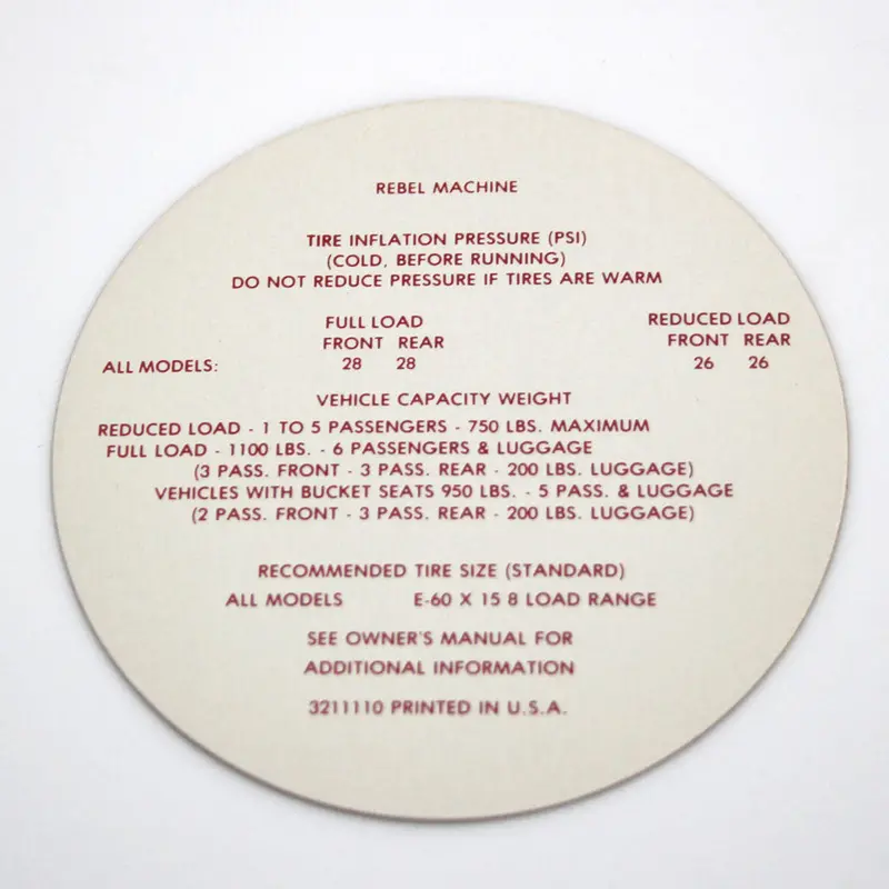 Tire Pressure Decal, 1970 Amc Rebel Machine 1
