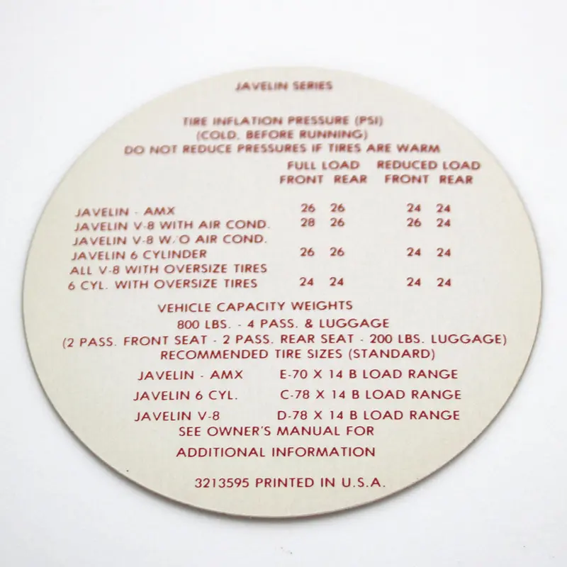 Tire Pressure Decal, 1971 Amc Javelin, Javelin Amx 1