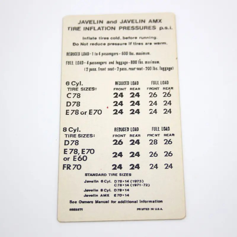 Tire Pressure Decal, 1973-74 Amc Javelin, Javelin Amx 1
